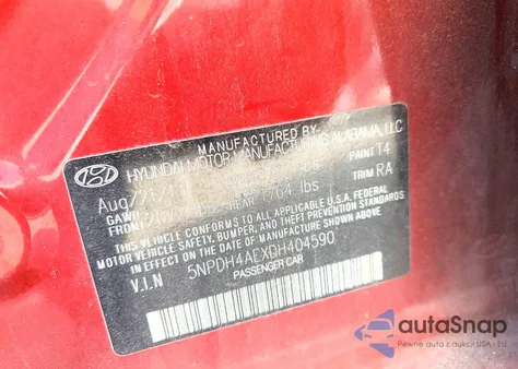 2013 Hyundai Elantra Gls z USA, uszkodzony, nr VIN 5NPDH4AEXDH404590